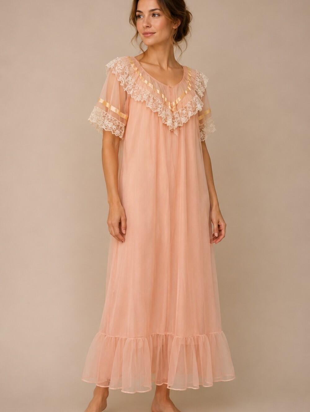 VTG 1960s HELEN OF TROY Lace Satin Chiffon Lingerie Slip Peignor Set